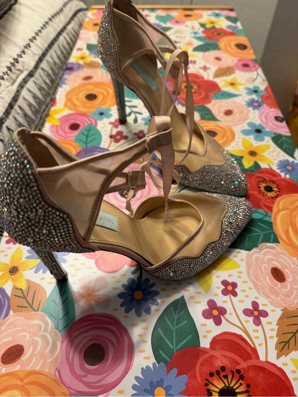 Betsey Johnson Blush Pink Crystal Scallop-Edge Ankle Tie Heels